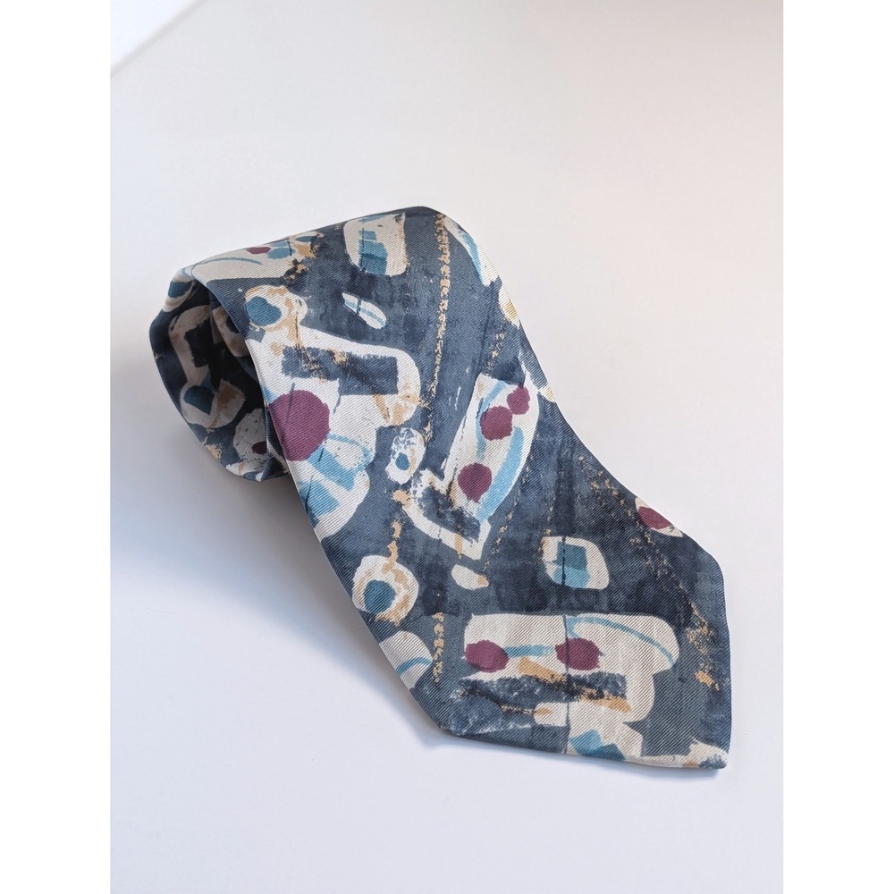 Enrico Coveri Mens Silk Necktie Abstract Geometric Blue Gold Made in USA VTG 90s